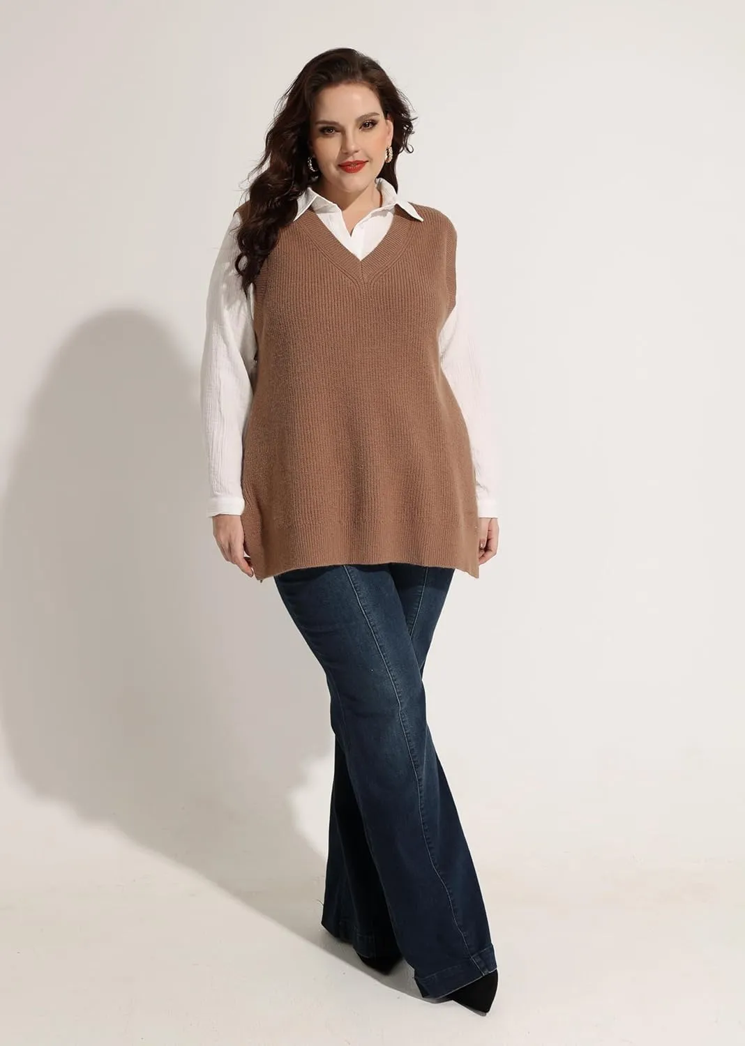 CARCOS Plus Size Sweater Vest for Women V Neck Sleeveless Sweaters Knit Tank Tops Preppy Style Pullover Tops XL-5XL