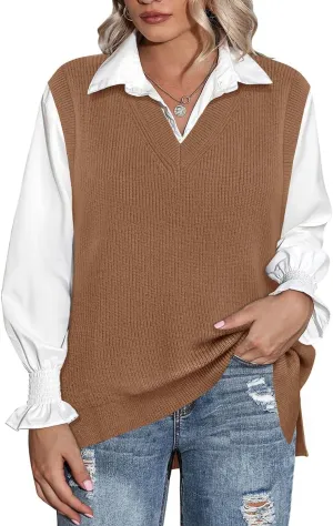 CARCOS Plus Size Sweater Vest for Women V Neck Sleeveless Sweaters Knit Tank Tops Preppy Style Pullover Tops XL-5XL