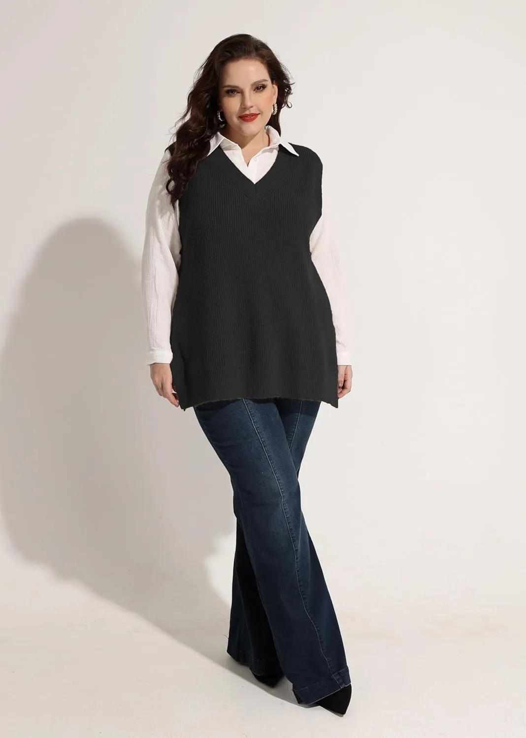 CARCOS Plus Size Sweater Vest for Women V Neck Sleeveless Sweaters Knit Tank Tops Preppy Style Pullover Tops XL-5XL