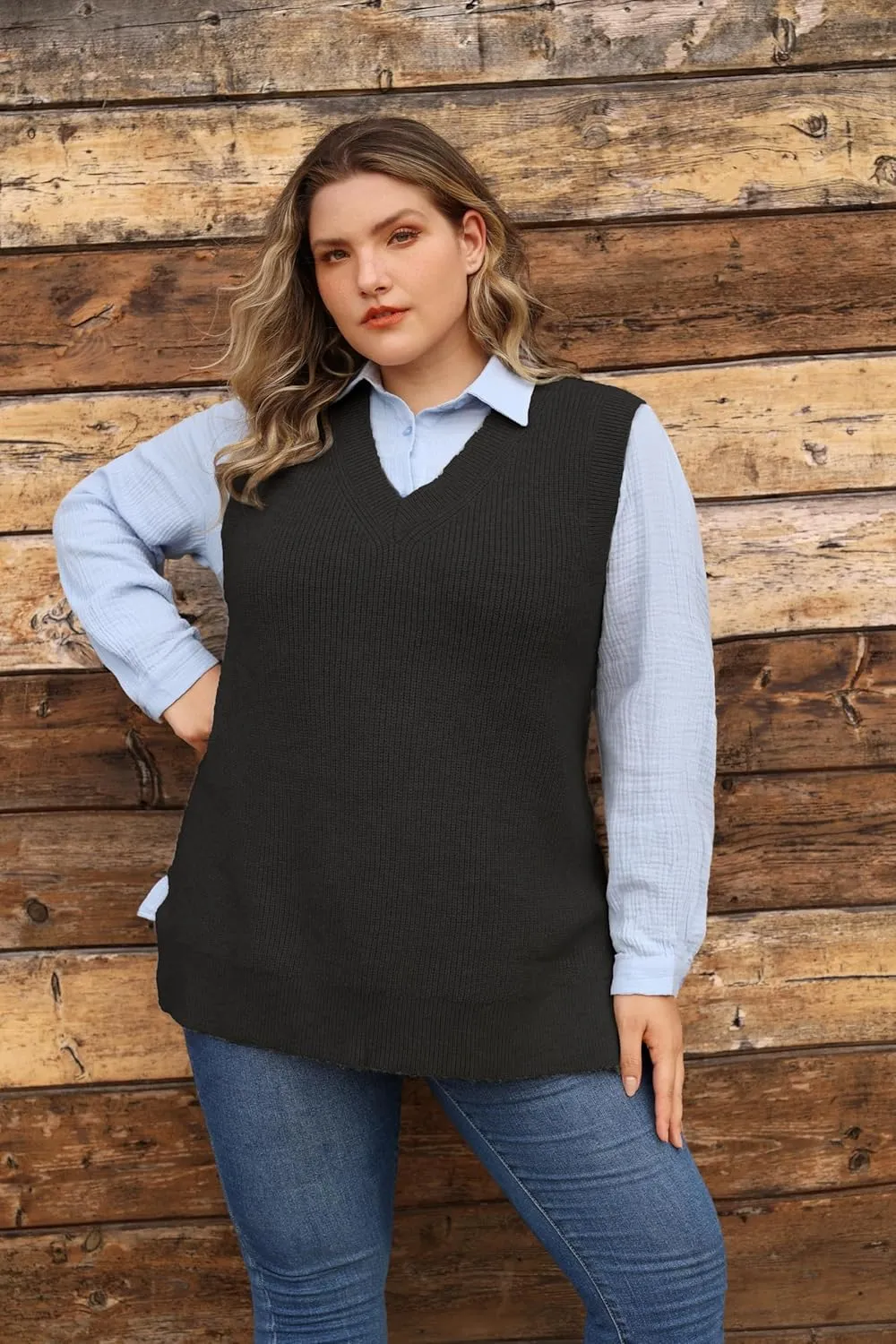 CARCOS Plus Size Sweater Vest for Women V Neck Sleeveless Sweaters Knit Tank Tops Preppy Style Pullover Tops XL-5XL