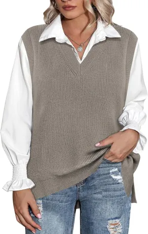 CARCOS Plus Size Sweater Vest for Women V Neck Sleeveless Sweaters Knit Tank Tops Preppy Style Pullover Tops XL-5XL