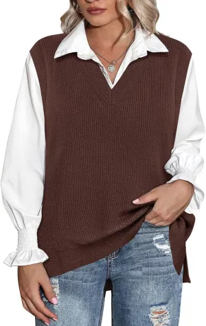 CARCOS Plus Size Sweater Vest for Women V Neck Sleeveless Sweaters Knit Tank Tops Preppy Style Pullover Tops XL-5XL