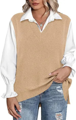 CARCOS Plus Size Sweater Vest for Women V Neck Sleeveless Sweaters Knit Tank Tops Preppy Style Pullover Tops XL-5XL