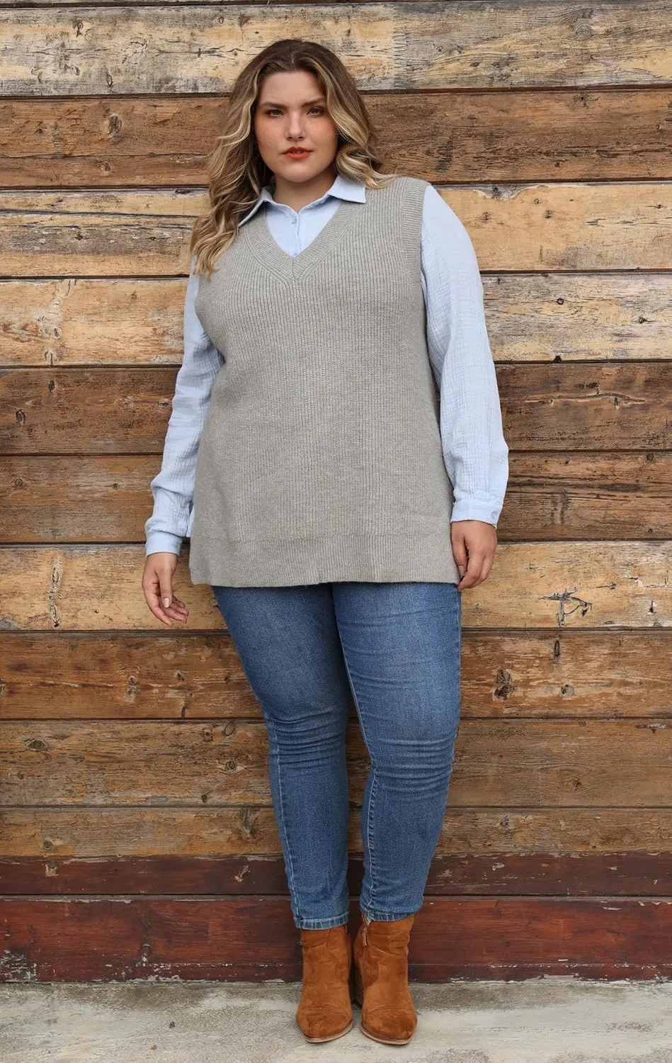 CARCOS Plus Size Sweater Vest for Women V Neck Sleeveless Sweaters Knit Tank Tops Preppy Style Pullover Tops XL-5XL