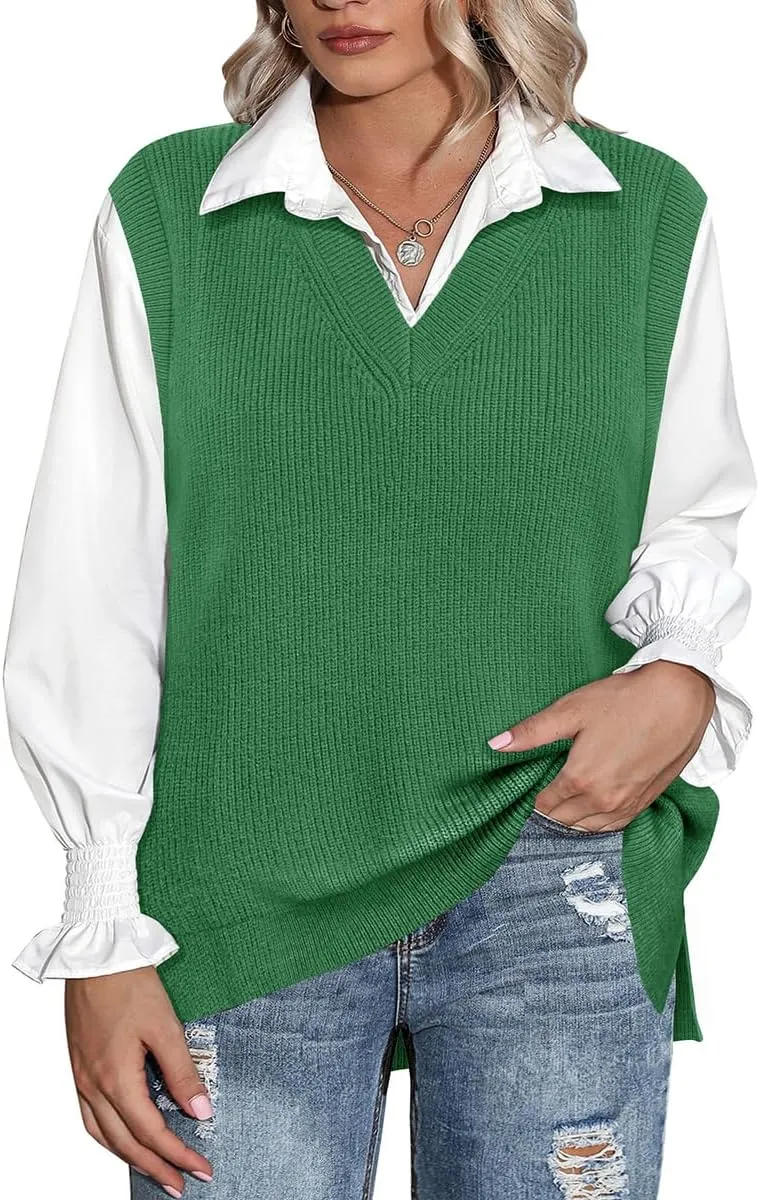 CARCOS Plus Size Sweater Vest for Women V Neck Sleeveless Sweaters Knit Tank Tops Preppy Style Pullover Tops XL-5XL