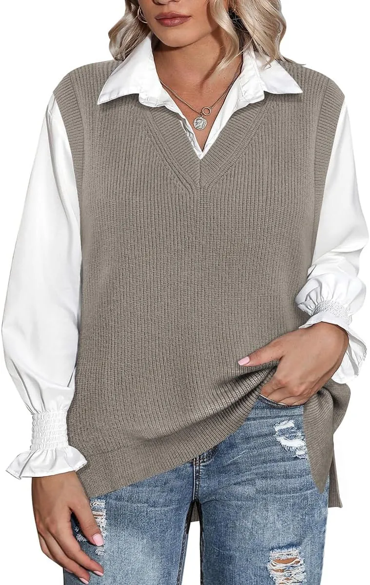 CARCOS Plus Size Sweater Vest for Women V Neck Sleeveless Sweaters Knit Tank Tops Preppy Style Pullover Tops XL-5XL