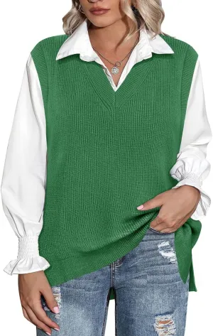 CARCOS Plus Size Sweater Vest for Women V Neck Sleeveless Sweaters Knit Tank Tops Preppy Style Pullover Tops XL-5XL