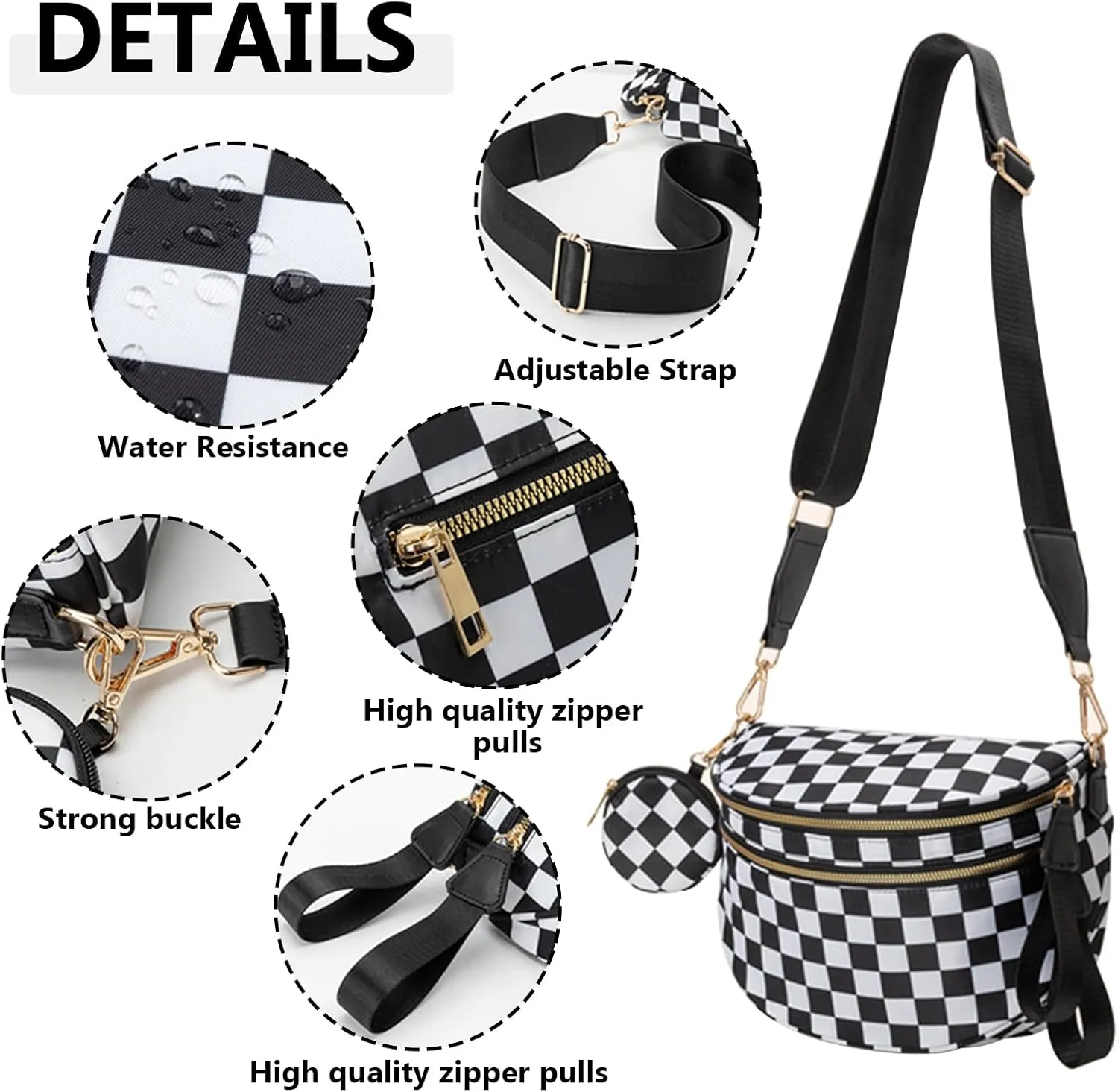 Checkered Crossbody Bag for Women, Black and White Bum Bag with Adjustable Strap, Large Fanny Pack Sling Bag, Water-Resistant Nylon Purse (A)