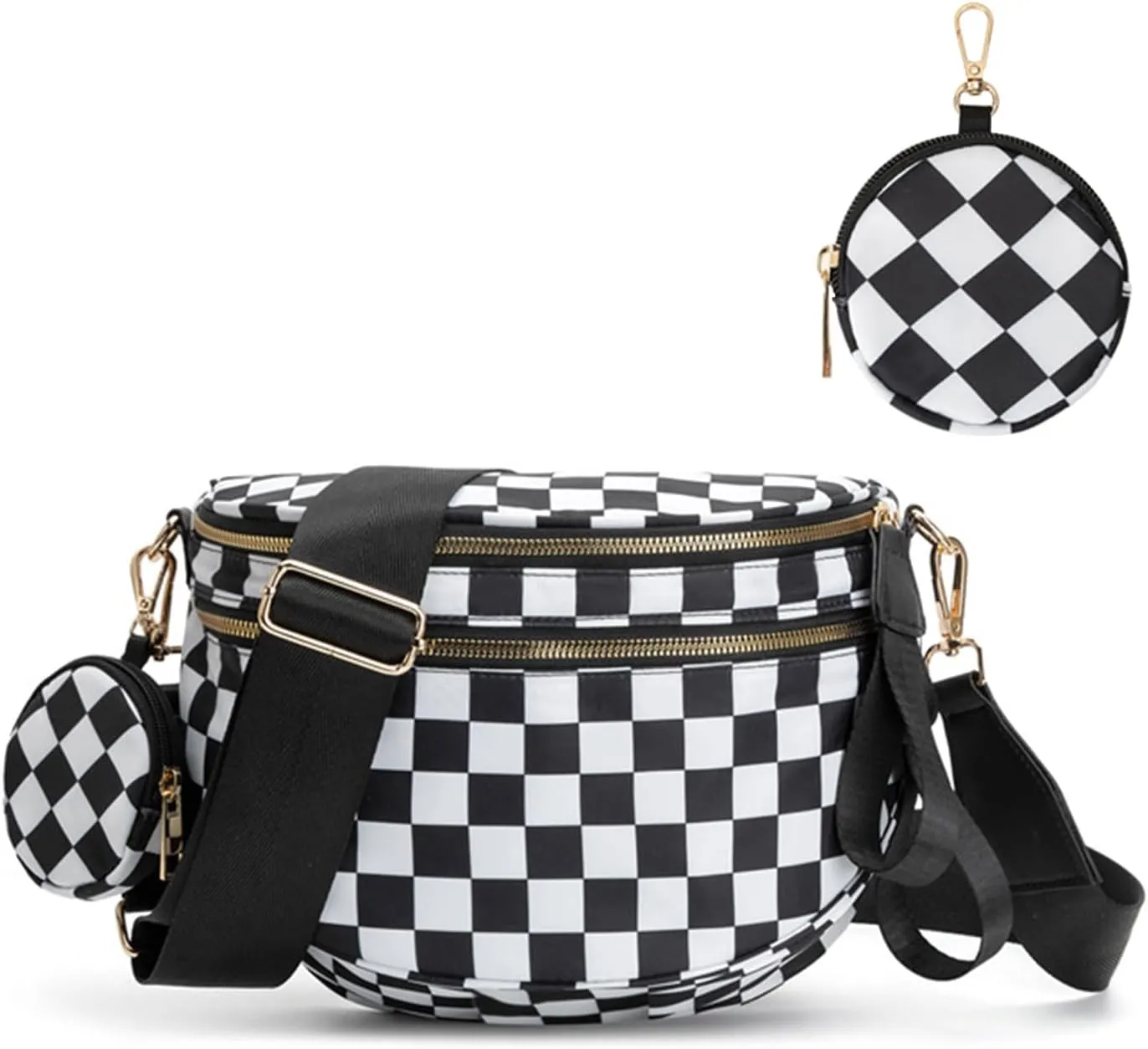 Checkered Crossbody Bag for Women, Black and White Bum Bag with Adjustable Strap, Large Fanny Pack Sling Bag, Water-Resistant Nylon Purse (A)