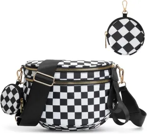 Checkered Crossbody Bag for Women, Black and White Bum Bag with Adjustable Strap, Large Fanny Pack Sling Bag, Water-Resistant Nylon Purse (A)