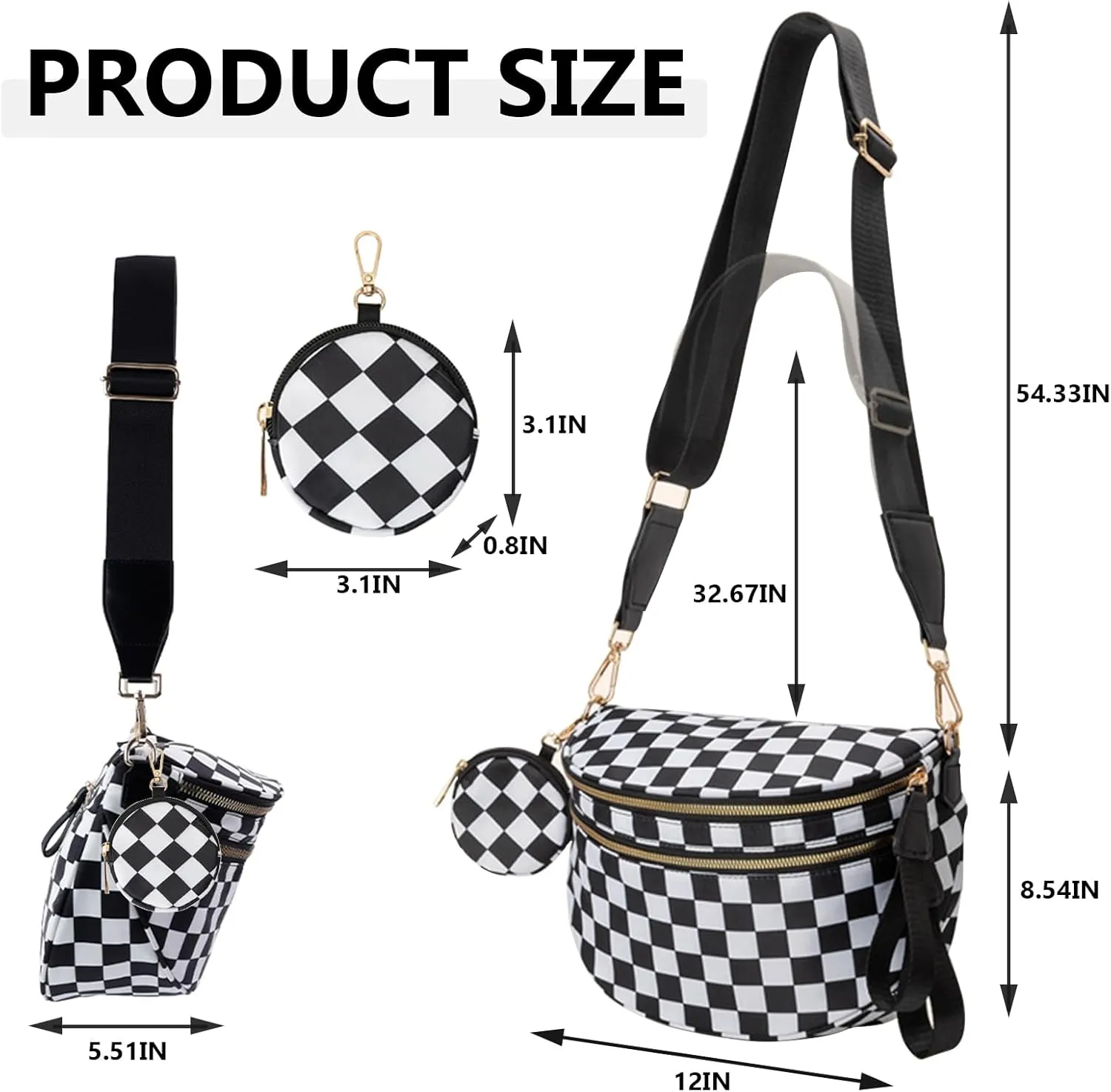 Checkered Crossbody Bag for Women, Black and White Bum Bag with Adjustable Strap, Large Fanny Pack Sling Bag, Water-Resistant Nylon Purse (A)