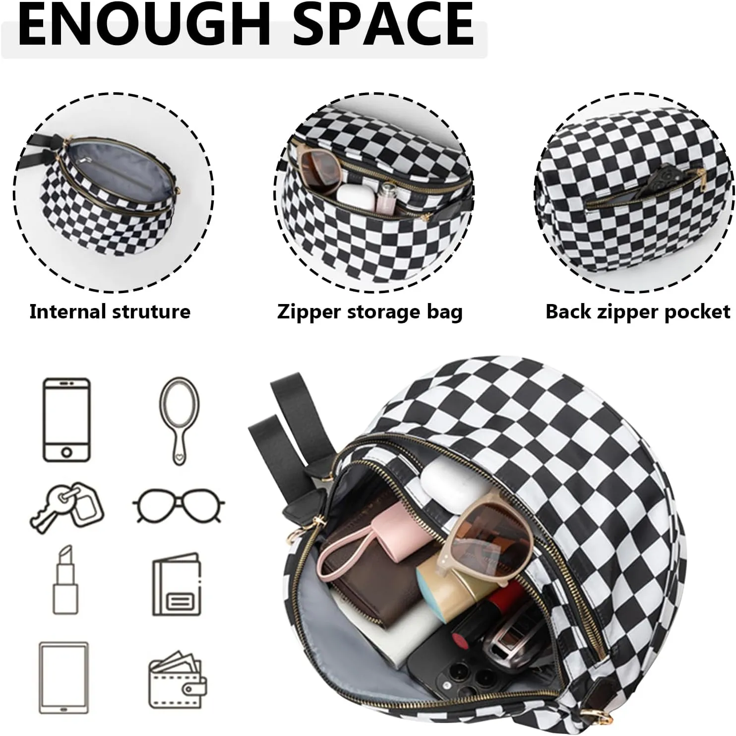 Checkered Crossbody Bag for Women, Black and White Bum Bag with Adjustable Strap, Large Fanny Pack Sling Bag, Water-Resistant Nylon Purse (G)