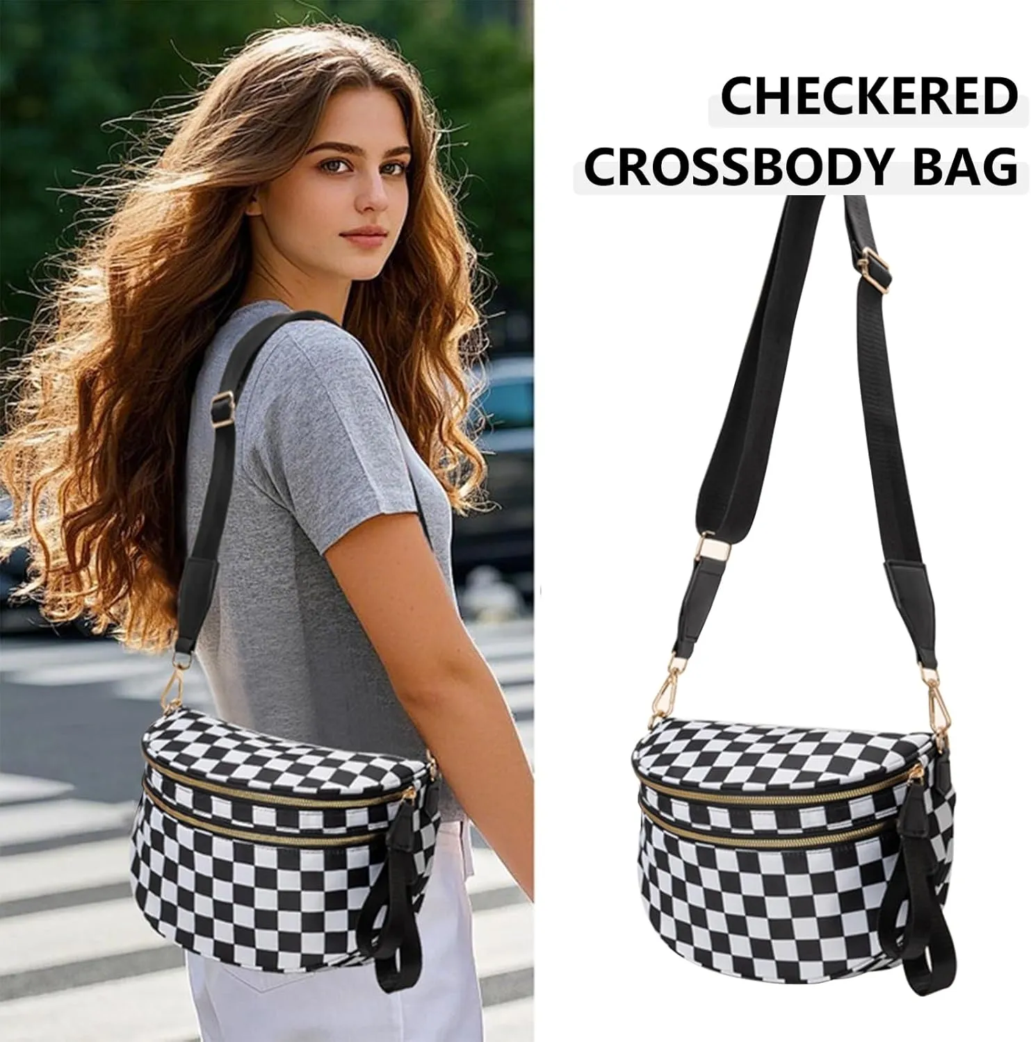 Checkered Crossbody Bag for Women, Black and White Bum Bag with Adjustable Strap, Large Fanny Pack Sling Bag, Water-Resistant Nylon Purse (G)