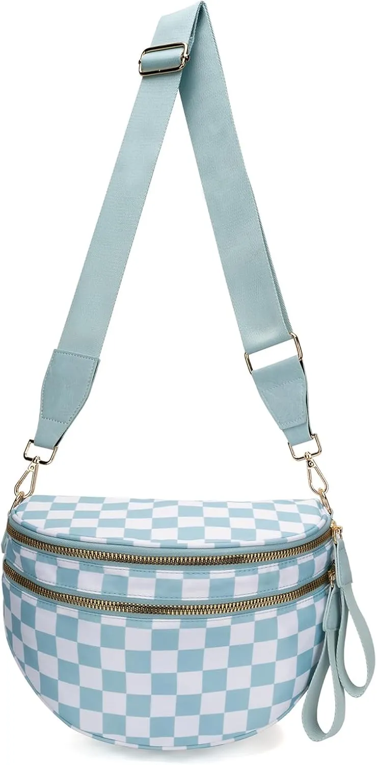 Checkered Crossbody Bag for Women, Black and White Bum Bag with Adjustable Strap, Large Fanny Pack Sling Bag, Water-Resistant Nylon Purse (G)