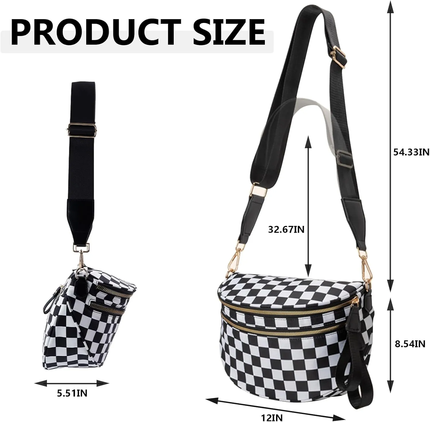 Checkered Crossbody Bag for Women, Black and White Bum Bag with Adjustable Strap, Large Fanny Pack Sling Bag, Water-Resistant Nylon Purse (G)