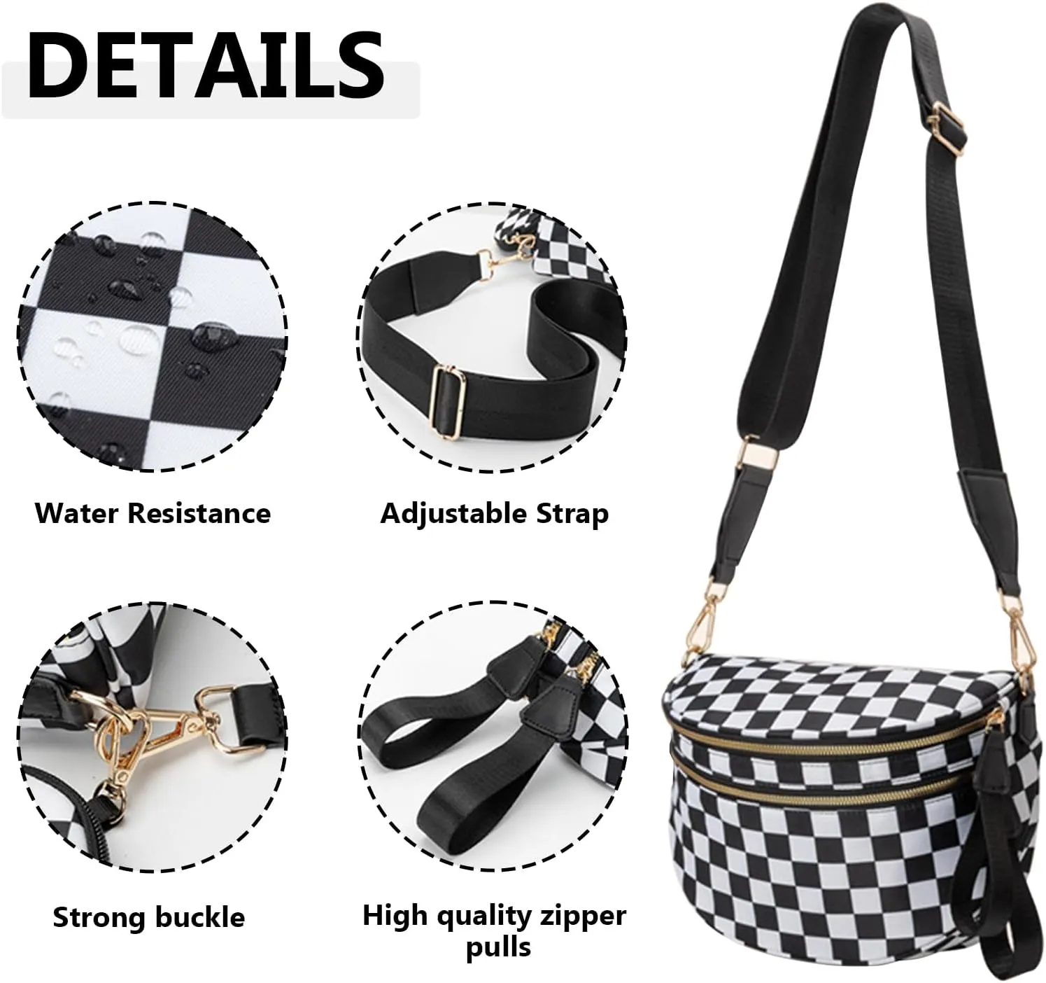 Checkered Crossbody Bag for Women, Black and White Bum Bag with Adjustable Strap, Large Fanny Pack Sling Bag, Water-Resistant Nylon Purse (G)