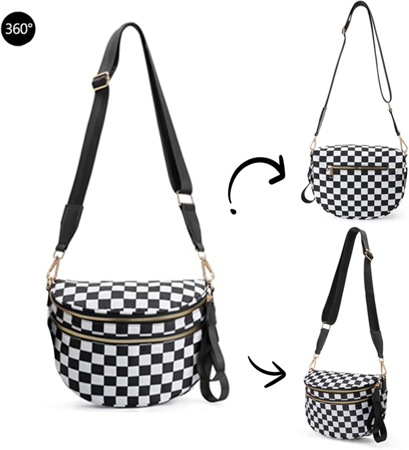 Checkered Crossbody Bag for Women, Black and White Bum Bag with Adjustable Strap, Large Fanny Pack Sling Bag, Water-Resistant Nylon Purse (G)
