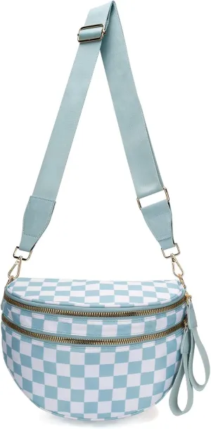 Checkered Crossbody Bag for Women, Black and White Bum Bag with Adjustable Strap, Large Fanny Pack Sling Bag, Water-Resistant Nylon Purse (G)