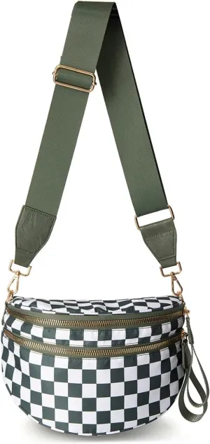Checkered Crossbody Bag for Women, Black and White Bum Bag with Adjustable Strap, Large Fanny Pack Sling Bag, Water-Resistant Nylon Purse (K)