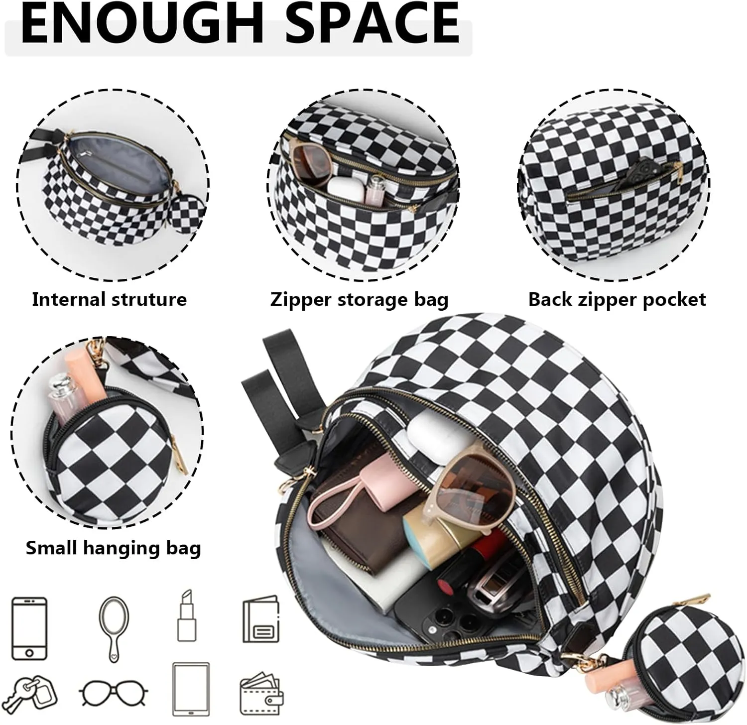 Checkered Crossbody Bag for Women, Black and White Bum Bag with Adjustable Strap, Large Fanny Pack Sling Bag, Water-Resistant Nylon Purse (K)