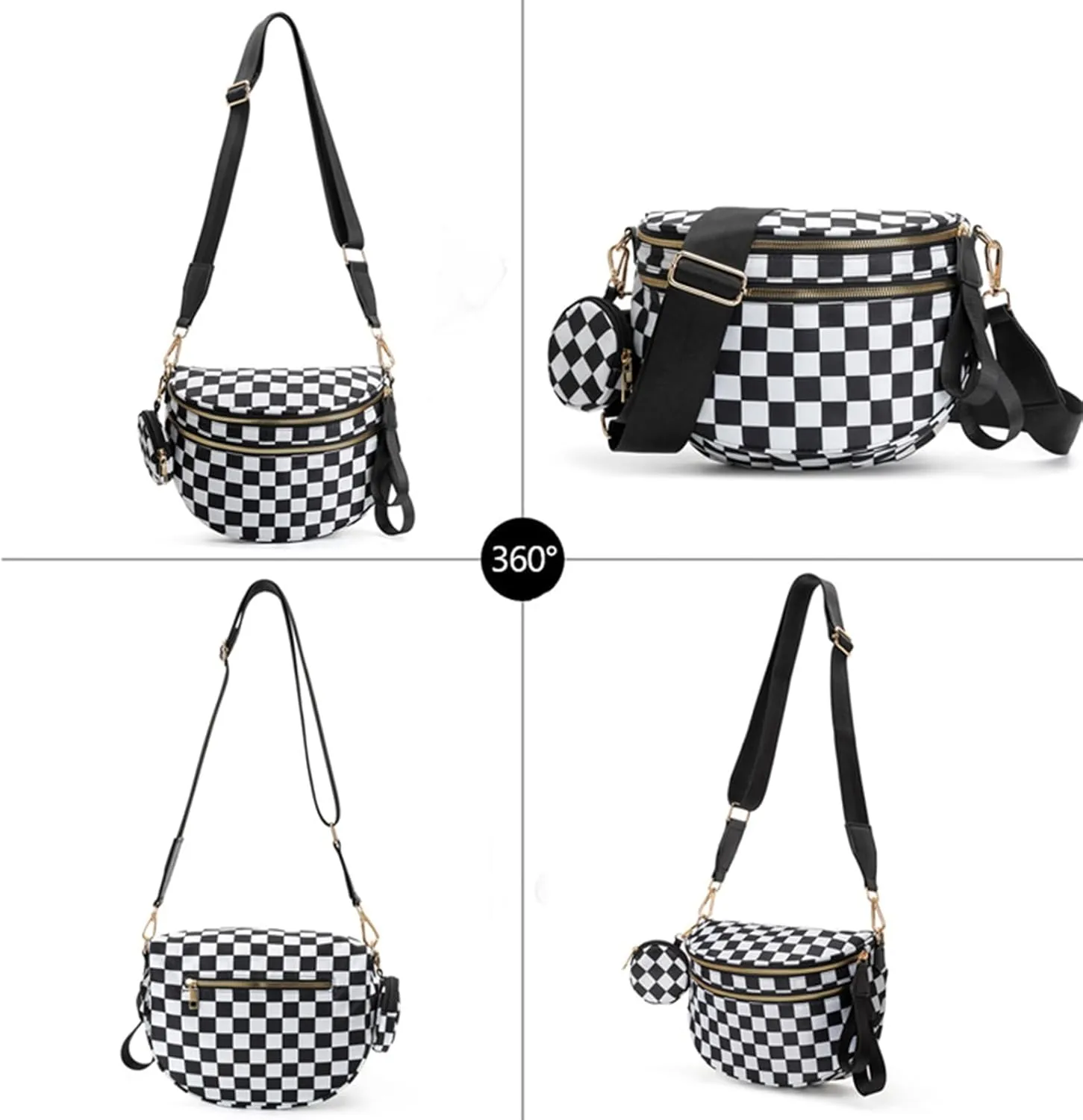 Checkered Crossbody Bag for Women, Black and White Bum Bag with Adjustable Strap, Large Fanny Pack Sling Bag, Water-Resistant Nylon Purse (K)