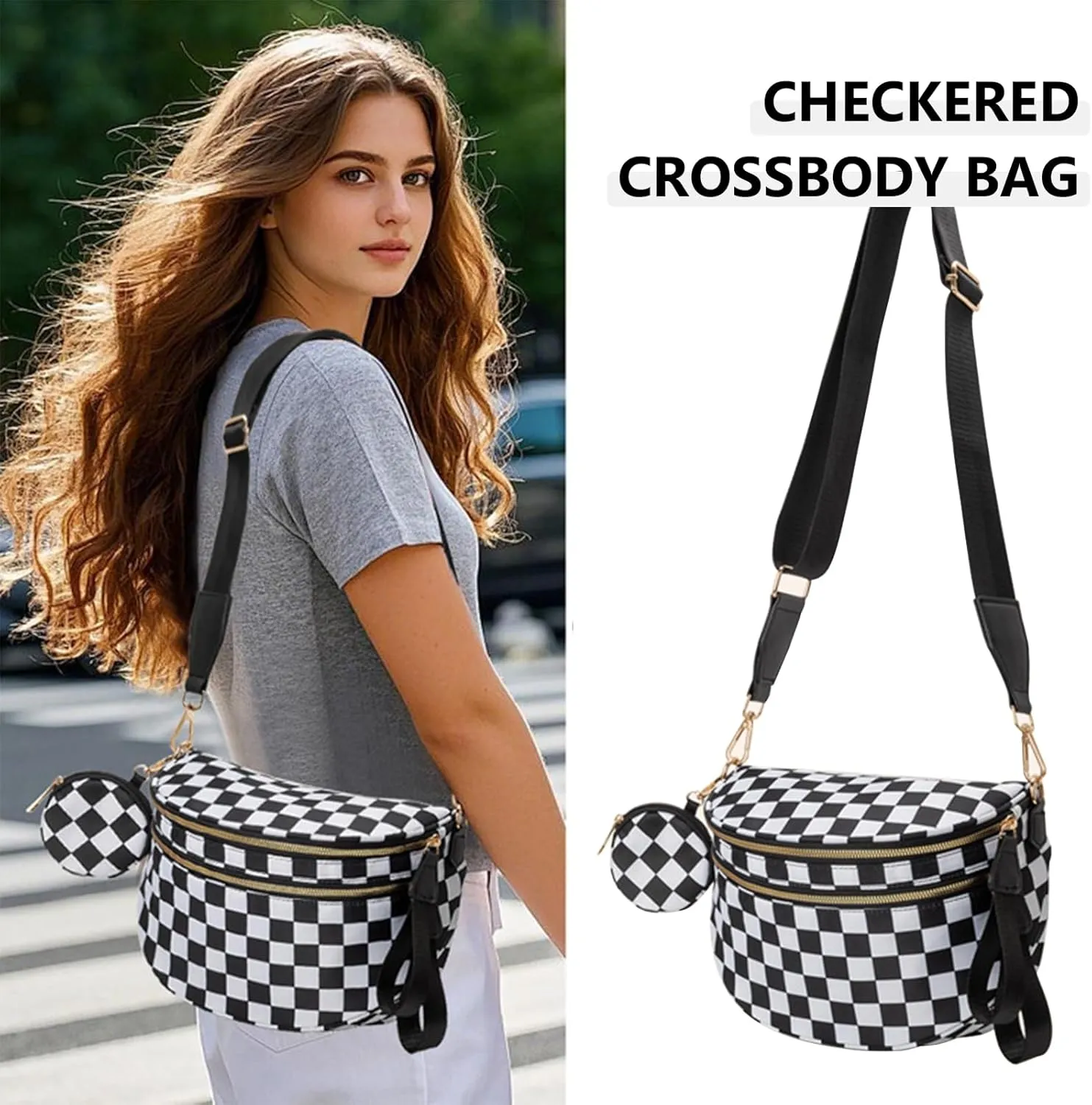 Checkered Crossbody Bag for Women, Black and White Bum Bag with Adjustable Strap, Large Fanny Pack Sling Bag, Water-Resistant Nylon Purse (K)