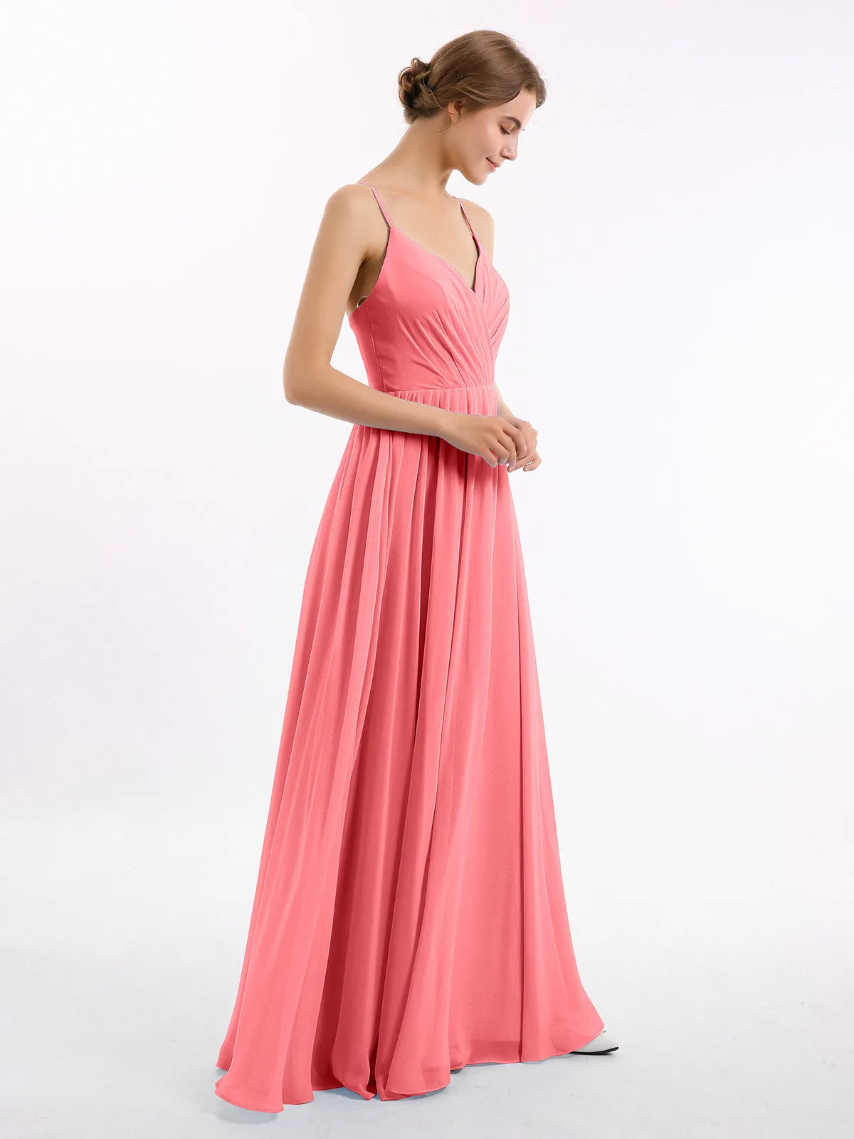 Chiffon Bridesmaid Dresses with Spaghetti Straps-Watermelon