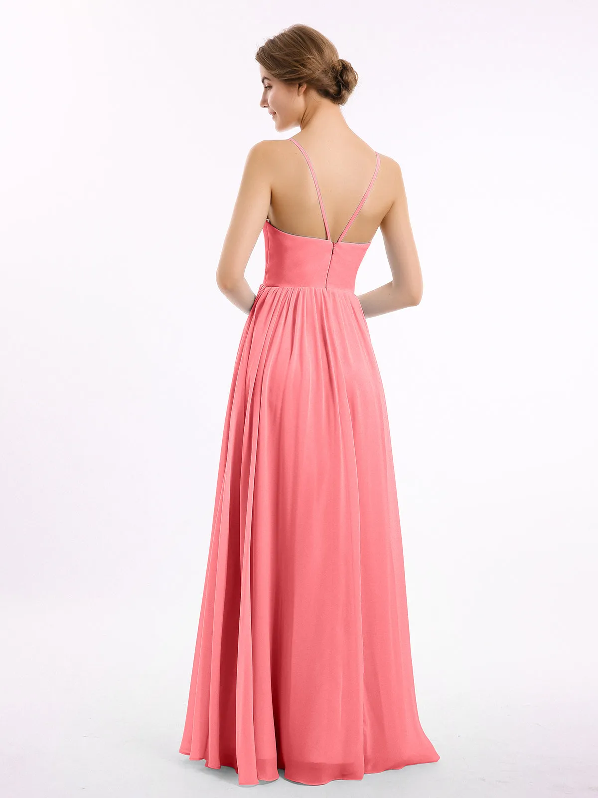 Chiffon Bridesmaid Dresses with Spaghetti Straps-Watermelon