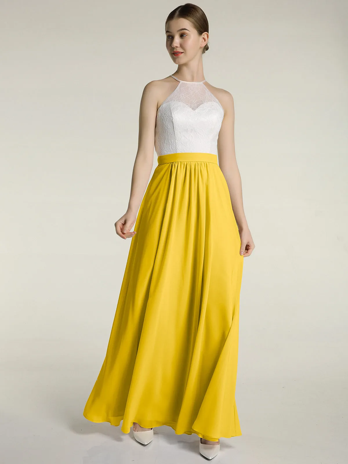 Chiffon Long Dresses with Ivory Lace Bodice-Marigold Plus Size