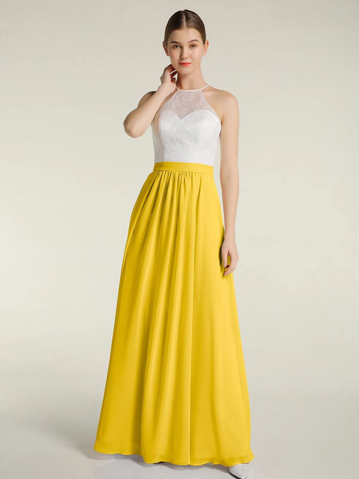 Chiffon Long Dresses with Ivory Lace Bodice-Marigold Plus Size
