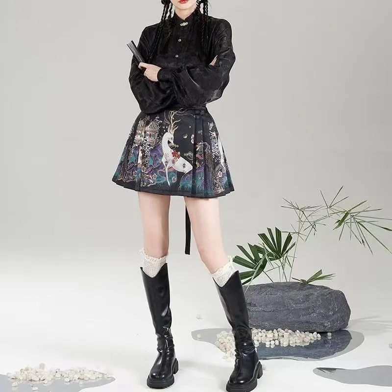 Chinese Traditional Horse Face Short Skirt Print Pleated Tie Up Skirt Comfortable Casual Women's Pleated Mini Skirt
