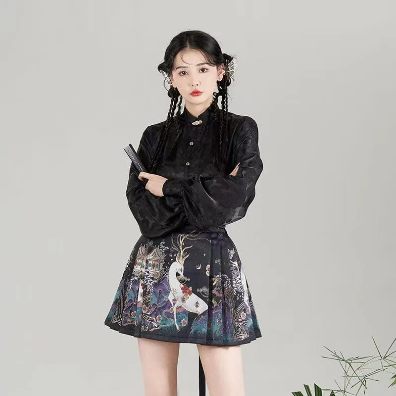 Chinese Traditional Horse Face Short Skirt Print Pleated Tie Up Skirt Comfortable Casual Women's Pleated Mini Skirt