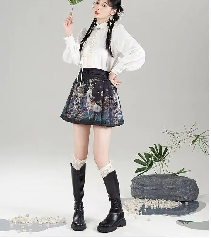 Chinese Traditional Horse Face Short Skirt Print Pleated Tie Up Skirt Comfortable Casual Women's Pleated Mini Skirt
