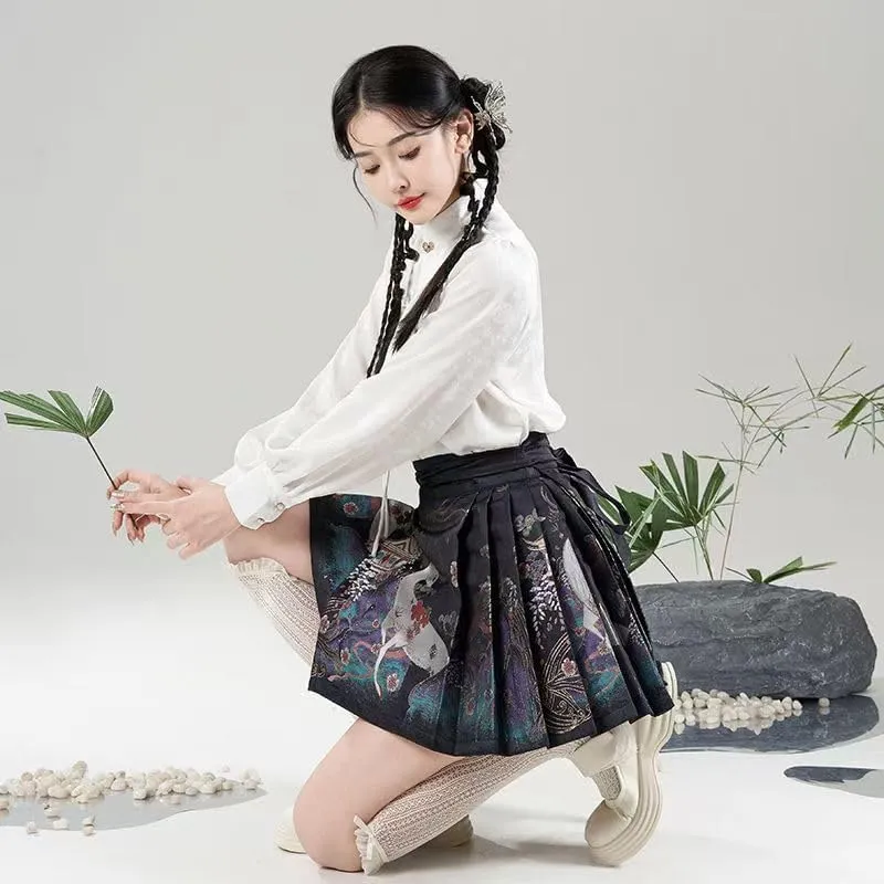 Chinese Traditional Horse Face Short Skirt Print Pleated Tie Up Skirt Comfortable Casual Women's Pleated Mini Skirt
