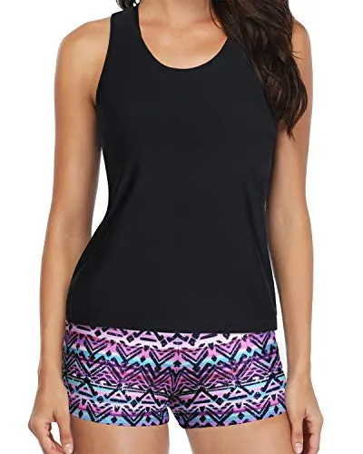 Comfortable And Modest 3-Piece Swimsuit For Women-Black And Tribal Purple
