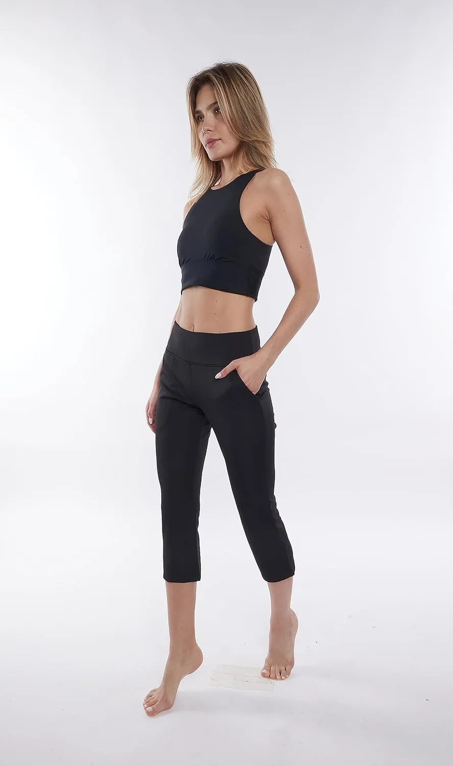Comfortable Athleisure Capri Pants with Pockets Travel Yoga Gym Lounge wear Color Black Bi-Stretch Made in USA