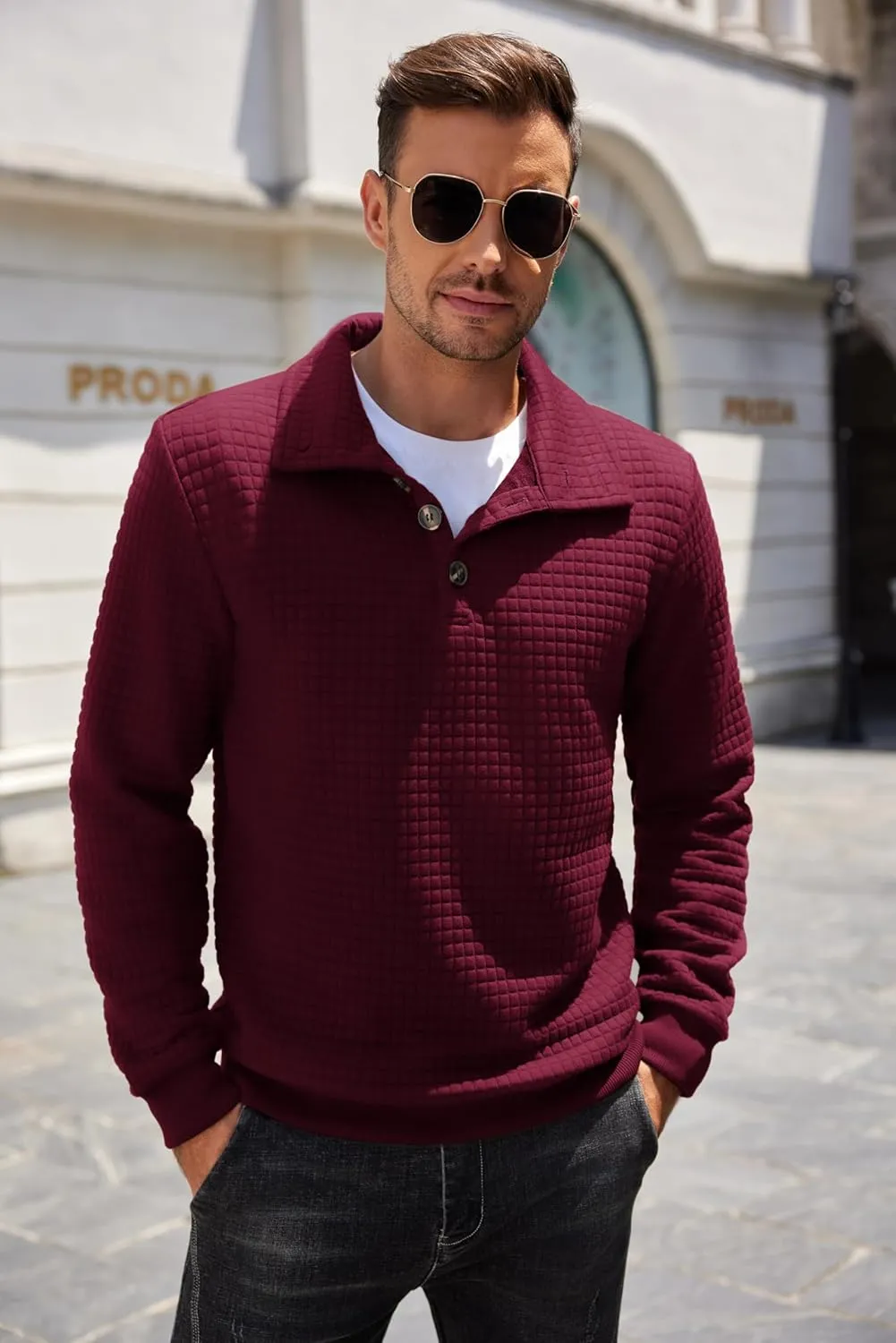 COOFANDY Mens Quarter Pullover Quilted Sweatshirt Casual Knit Long Sleeve Mock Neck Sweater Waffle Collared Pullover
