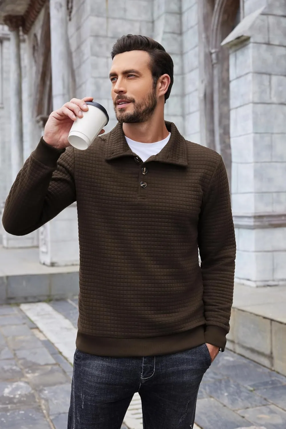 COOFANDY Mens Quarter Pullover Quilted Sweatshirt Casual Knit Long Sleeve Mock Neck Sweater Waffle Collared Pullover