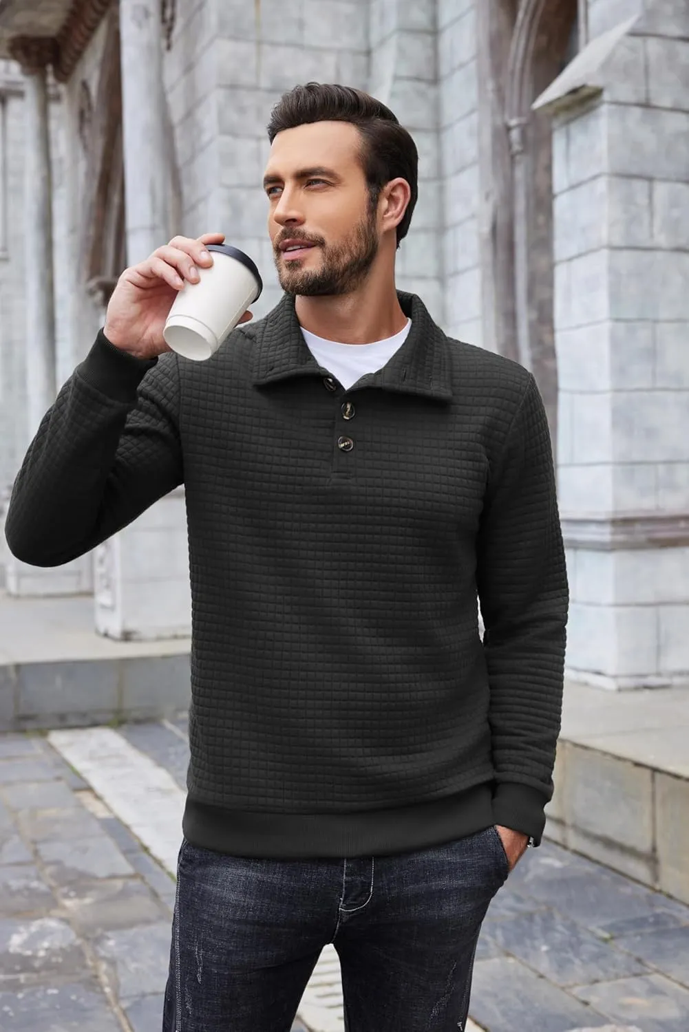 COOFANDY Mens Quarter Pullover Quilted Sweatshirt Casual Knit Long Sleeve Mock Neck Sweater Waffle Collared Pullover