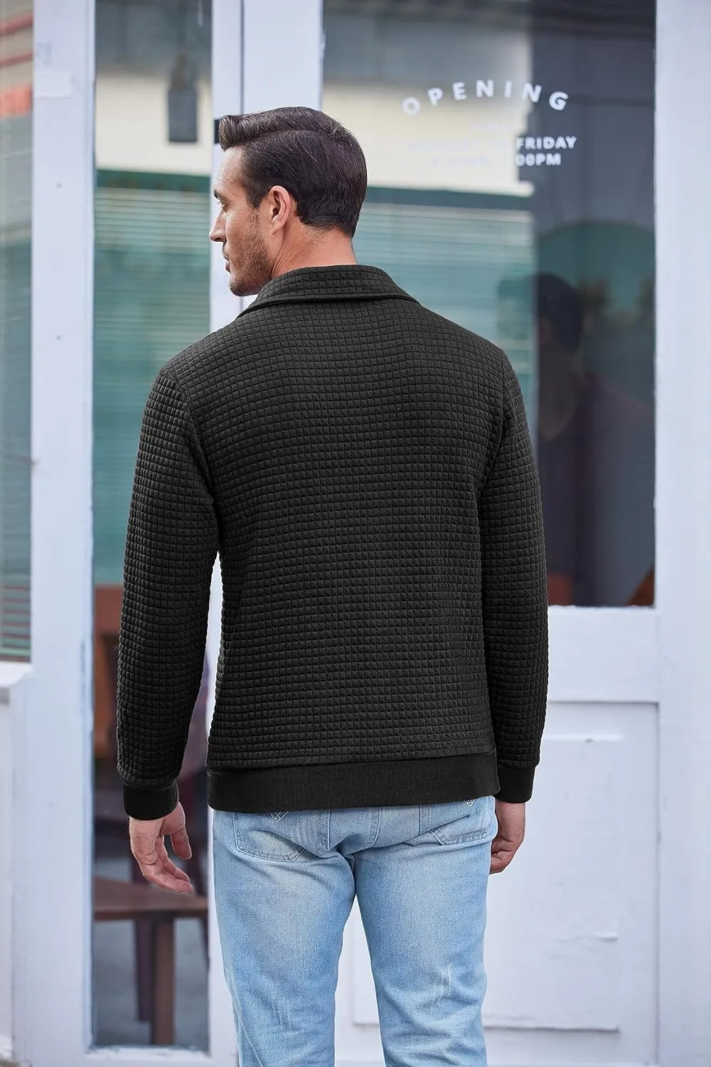 COOFANDY Mens Quarter Pullover Quilted Sweatshirt Casual Knit Long Sleeve Mock Neck Sweater Waffle Collared Pullover