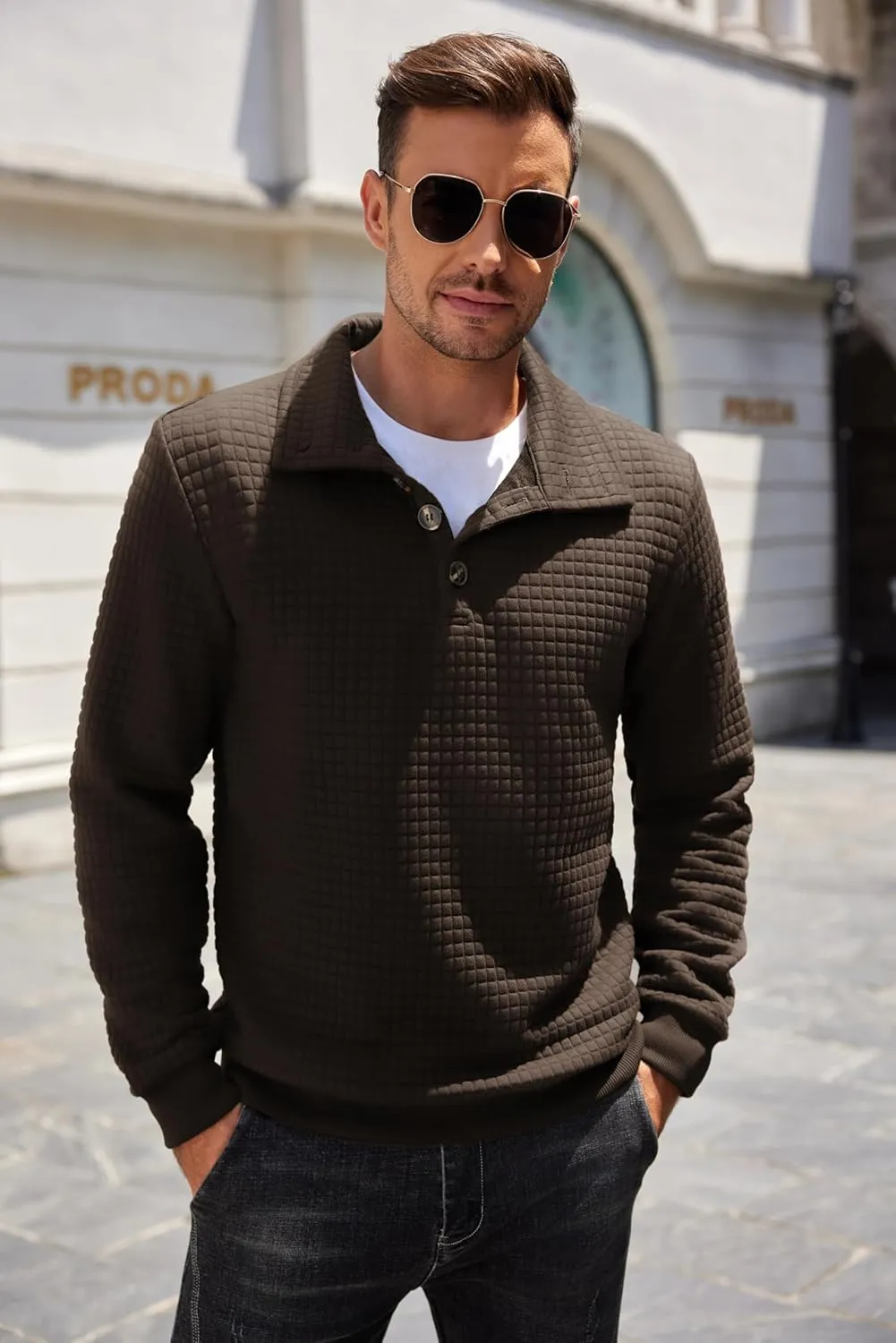 COOFANDY Mens Quarter Pullover Quilted Sweatshirt Casual Knit Long Sleeve Mock Neck Sweater Waffle Collared Pullover
