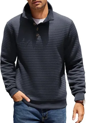 COOFANDY Mens Quarter Pullover Quilted Sweatshirt Casual Knit Long Sleeve Mock Neck Sweater Waffle Collared Pullover