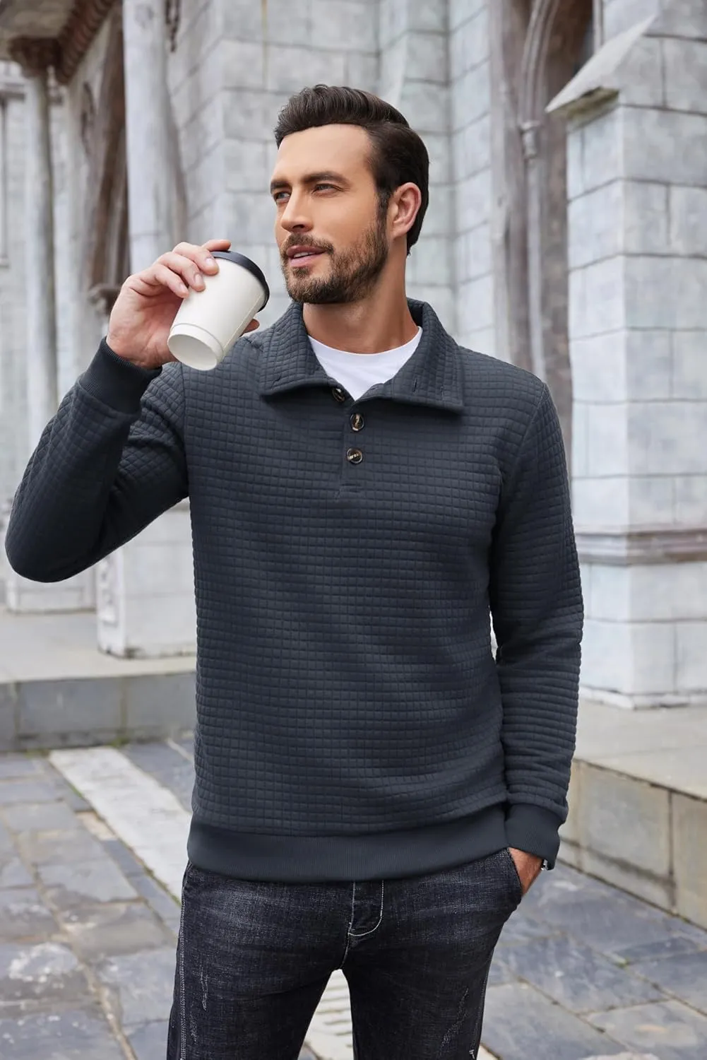 COOFANDY Mens Quarter Pullover Quilted Sweatshirt Casual Knit Long Sleeve Mock Neck Sweater Waffle Collared Pullover