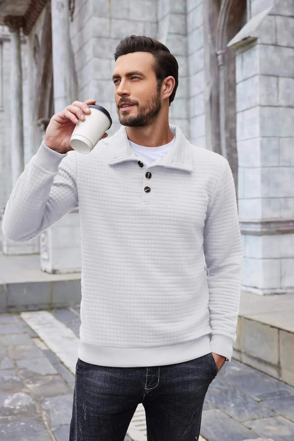 COOFANDY Mens Quarter Pullover Quilted Sweatshirt Casual Knit Long Sleeve Mock Neck Sweater Waffle Collared Pullover