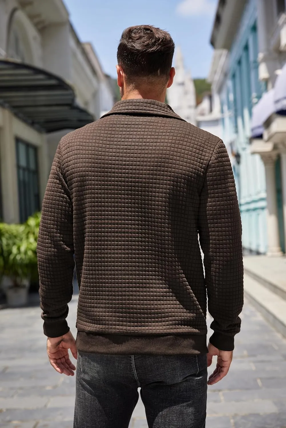 COOFANDY Mens Quarter Pullover Quilted Sweatshirt Casual Knit Long Sleeve Mock Neck Sweater Waffle Collared Pullover