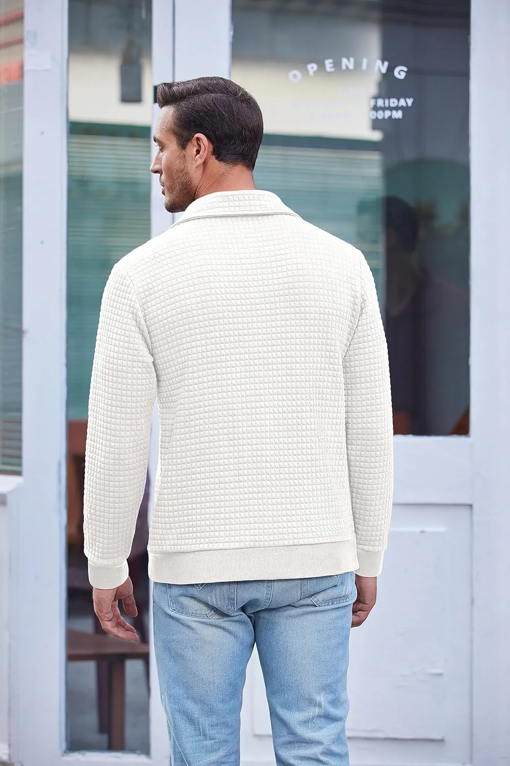 COOFANDY Mens Quarter Pullover Quilted Sweatshirt Casual Knit Long Sleeve Mock Neck Sweater Waffle Collared Pullover