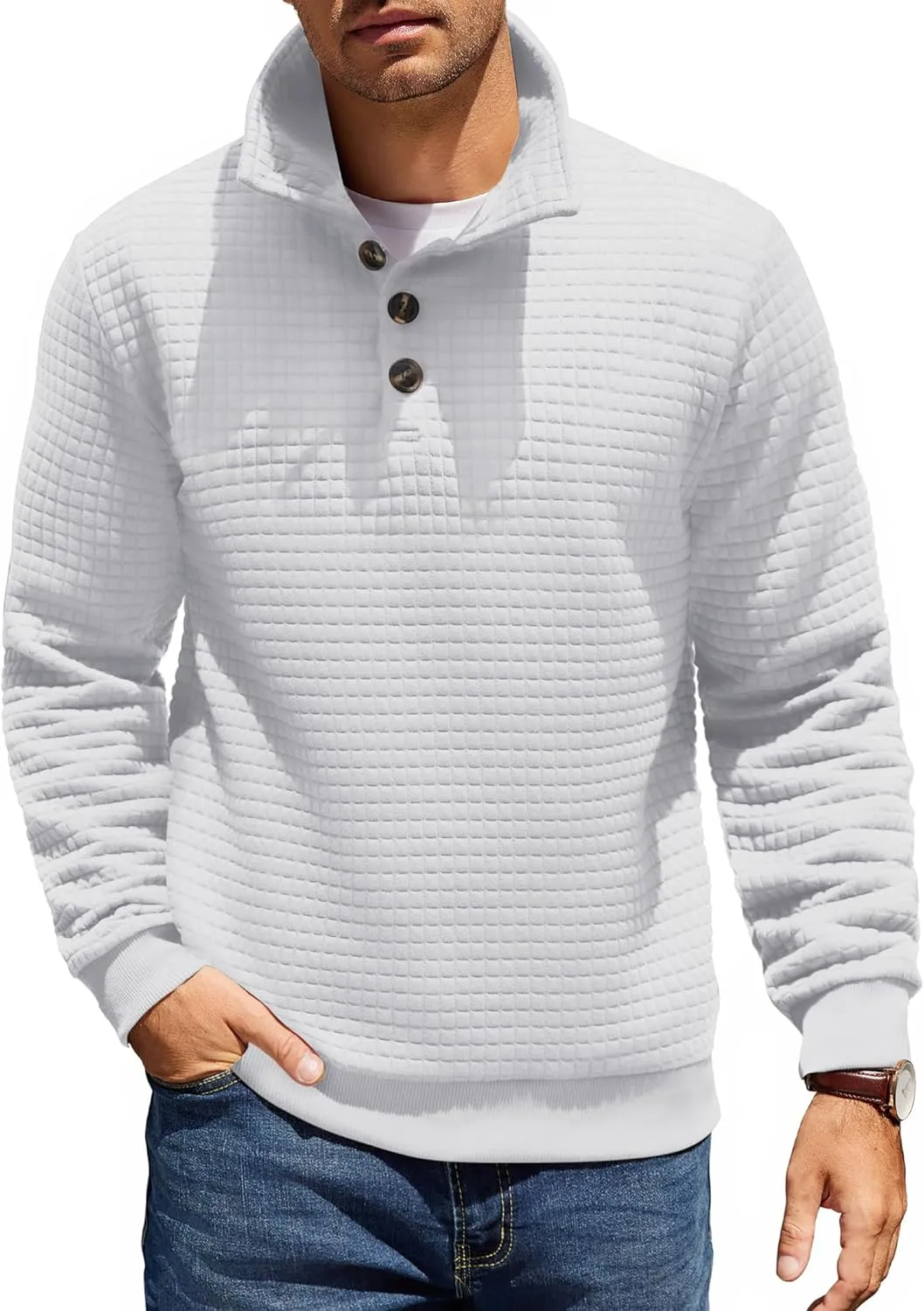 COOFANDY Mens Quarter Pullover Quilted Sweatshirt Casual Knit Long Sleeve Mock Neck Sweater Waffle Collared Pullover
