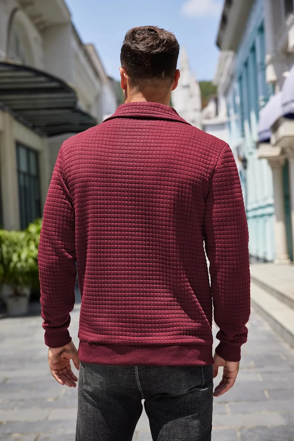 COOFANDY Mens Quarter Pullover Quilted Sweatshirt Casual Knit Long Sleeve Mock Neck Sweater Waffle Collared Pullover