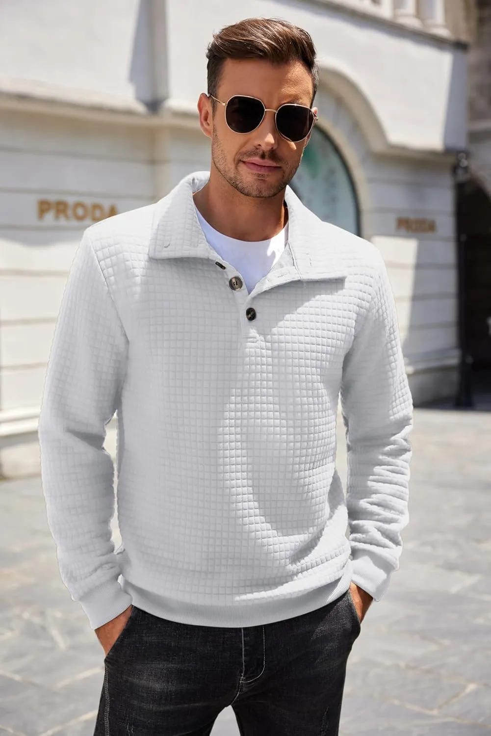 COOFANDY Mens Quarter Pullover Quilted Sweatshirt Casual Knit Long Sleeve Mock Neck Sweater Waffle Collared Pullover