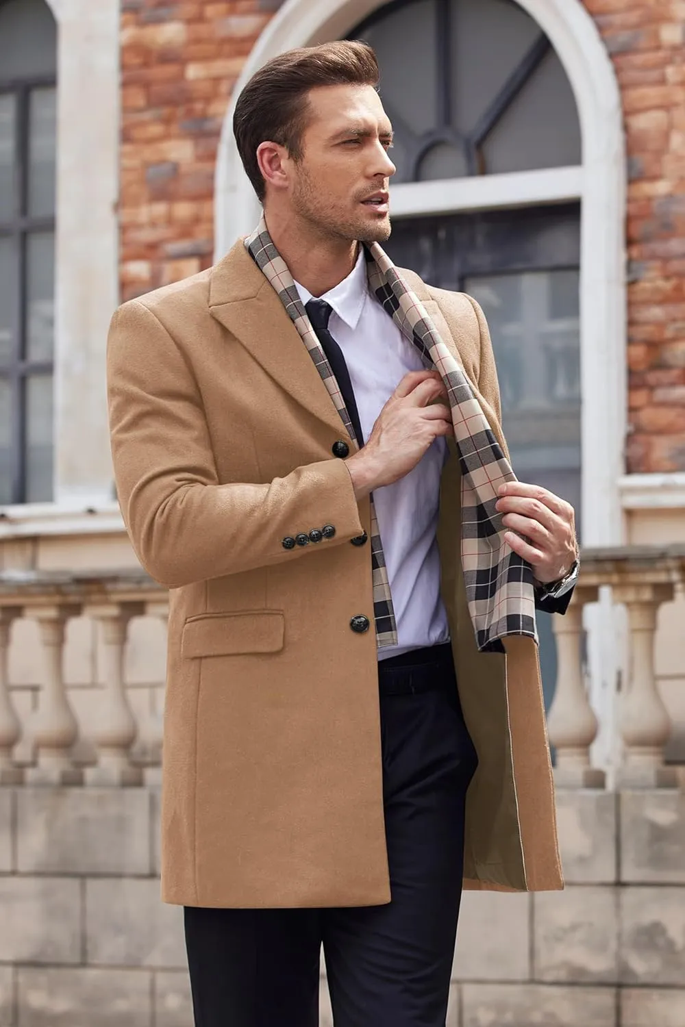 COOFANDY Men's Wool Blend Coat with Detachable Plaid Scarfs Notched Collar Single Breasted Pea Coat Trench Overcoat